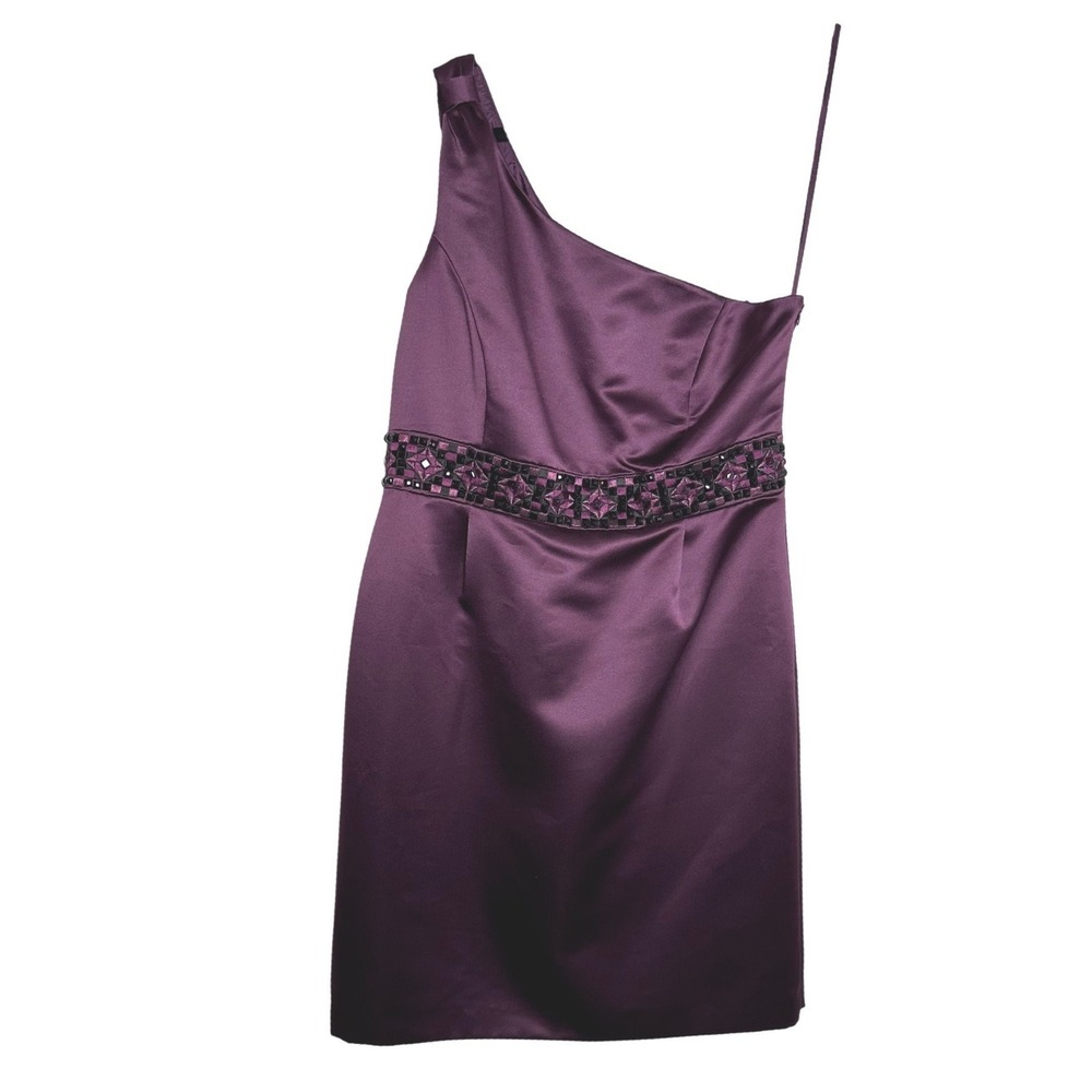 Tahari One Shoulder Satin Dress Womens 12 Purple Beaded Cocktail Evening - Picture 3 of 9